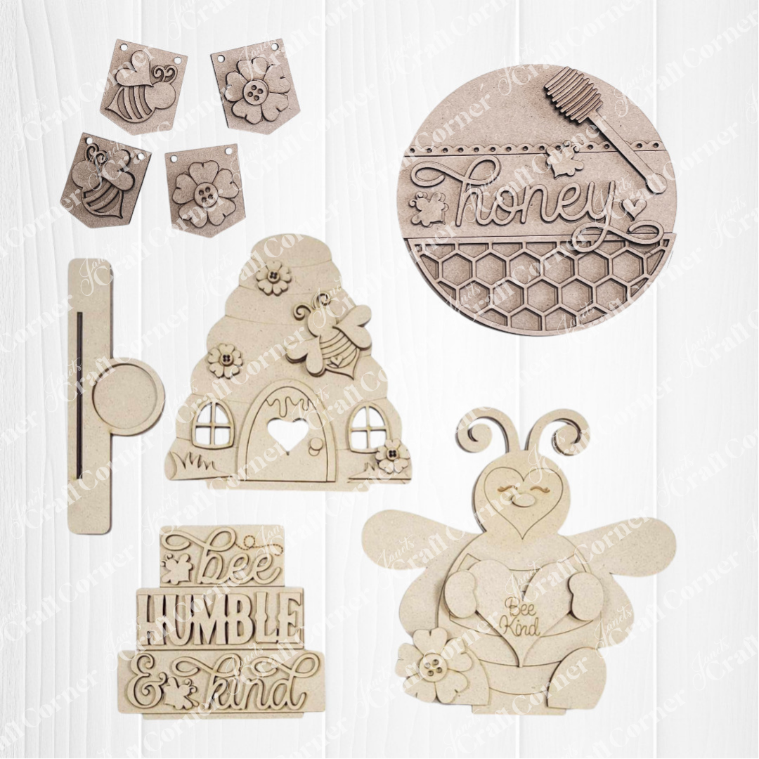 Janet's Craft Corner Honey Bee Mini Shelf Sitters—DIY seasonal home decor kit, set of 1, includes your choice of 5 laser-cut wood designs like a "honey" sign, bee, hive, flowers & "Bee Humble & Kind" plaque—perfect for honey bee-themed decorating.