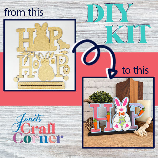 Janet's Craft Corner offers the HOP Standing Bunny Shelf Sitter, a DIY kit that turns plain wooden bunny and "HOP" letters into bright Easter decorations. On the left, you'll see the unfinished components, while on the right, an Easter bunny with adorable pink ears is showcased as a lively holiday decoration.