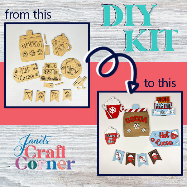 Discover the Hot Cocoa Tiered Tray Pieces from Janet's Craft Corner, a DIY kit that turns wooden cutouts labeled "Cocoa" and "Marshmallows" into a stunning hot cocoa-themed masterpiece. It includes colorful signs, banners, mugs, and festive accents ideal for holiday décor.