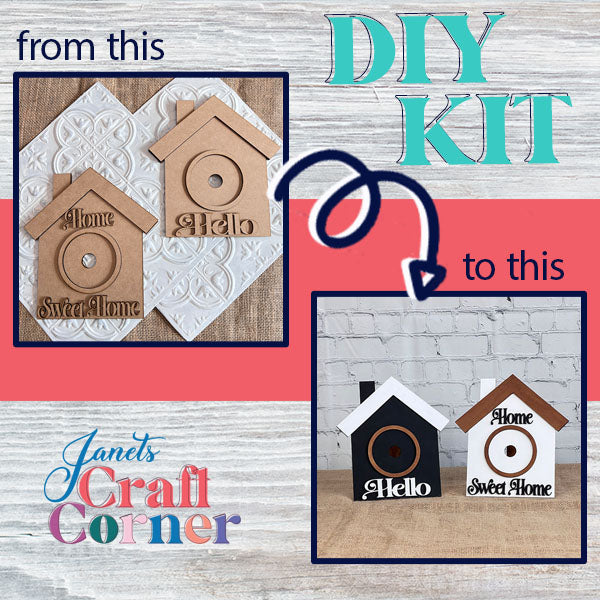 Explore the House Interchangeable Set from Janet's Craft Corner, a delightful DIY kit for crafting charming home-themed plaques. The image shows two stages: unfinished cardboard cutouts labeled "Home Sweet Home" on the left, and beautifully painted wood houses with "Hello" and "Home Sweet Home" on the right. Transform your space effortlessly!