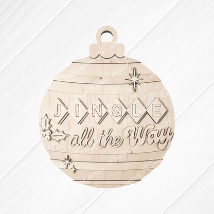 The Jingle All the Way Ornament Wall Hanger by Janet's Craft Corner is a wooden Christmas bauble with engraved stars and holly leaves—perfect as a festive decor accent or for your DIY seasonal craft kit. Set of 1.