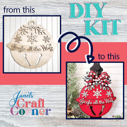 Advertisement from Janet's Craft Corner: See how the Jingle Bell Door Hanger transforms from an unpainted wooden decoration into stunning holiday décor with red paint, snowflakes, a bow, and foliage. Perfect for elevating your home décor this festive season. Arrows indicate the transformation.