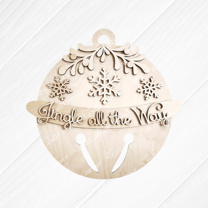 Introducing the Jingle Bell Door Hanger from Janet's Craft Corner: a wooden DIY craft kit designed as a holiday ornament adorned with snowflakes and greenery. It showcases the phrase "Jingle all the Way" in cursive, complete with a cut-out jingle bell pattern at the bottom, making it an ideal addition to enhance your home décor.