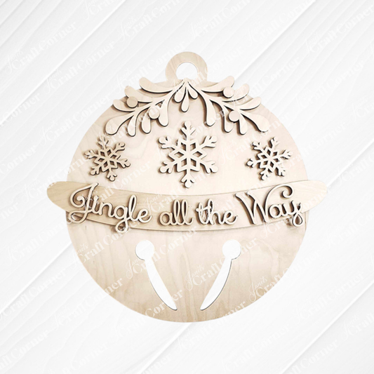 Introducing the Jingle Bell Door Hanger from Janet's Craft Corner: a wooden DIY craft kit designed as a holiday ornament adorned with snowflakes and greenery. It showcases the phrase "Jingle all the Way" in cursive, complete with a cut-out jingle bell pattern at the bottom, making it an ideal addition to enhance your home décor.