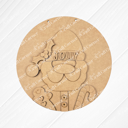 The Jolly Santa Round Sign from Janet's Craft Corner is a delightful holiday decoration. This DIY Home Decor Kit features a wooden cutout of Santa with "Jolly" on his hat, highlighted by holly accents. Santa holds a gingerbread man and candy cane against a burlap-textured background, making it an ideal choice for your hand-painted craft project!