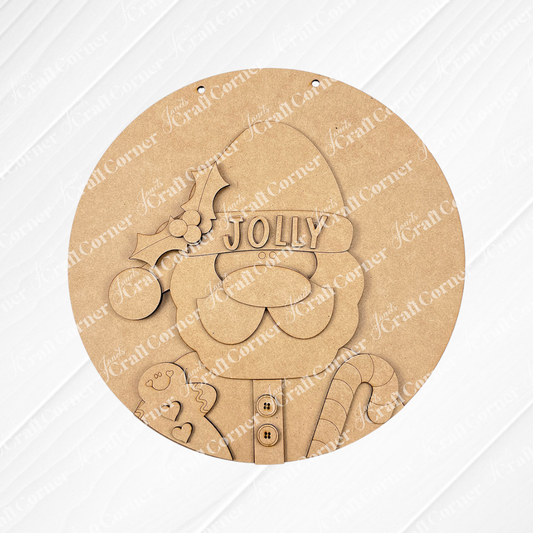 The Jolly Santa Round Sign from Janet's Craft Corner is a delightful holiday decoration. This DIY Home Decor Kit features a wooden cutout of Santa with "Jolly" on his hat, highlighted by holly accents. Santa holds a gingerbread man and candy cane against a burlap-textured background, making it an ideal choice for your hand-painted craft project!