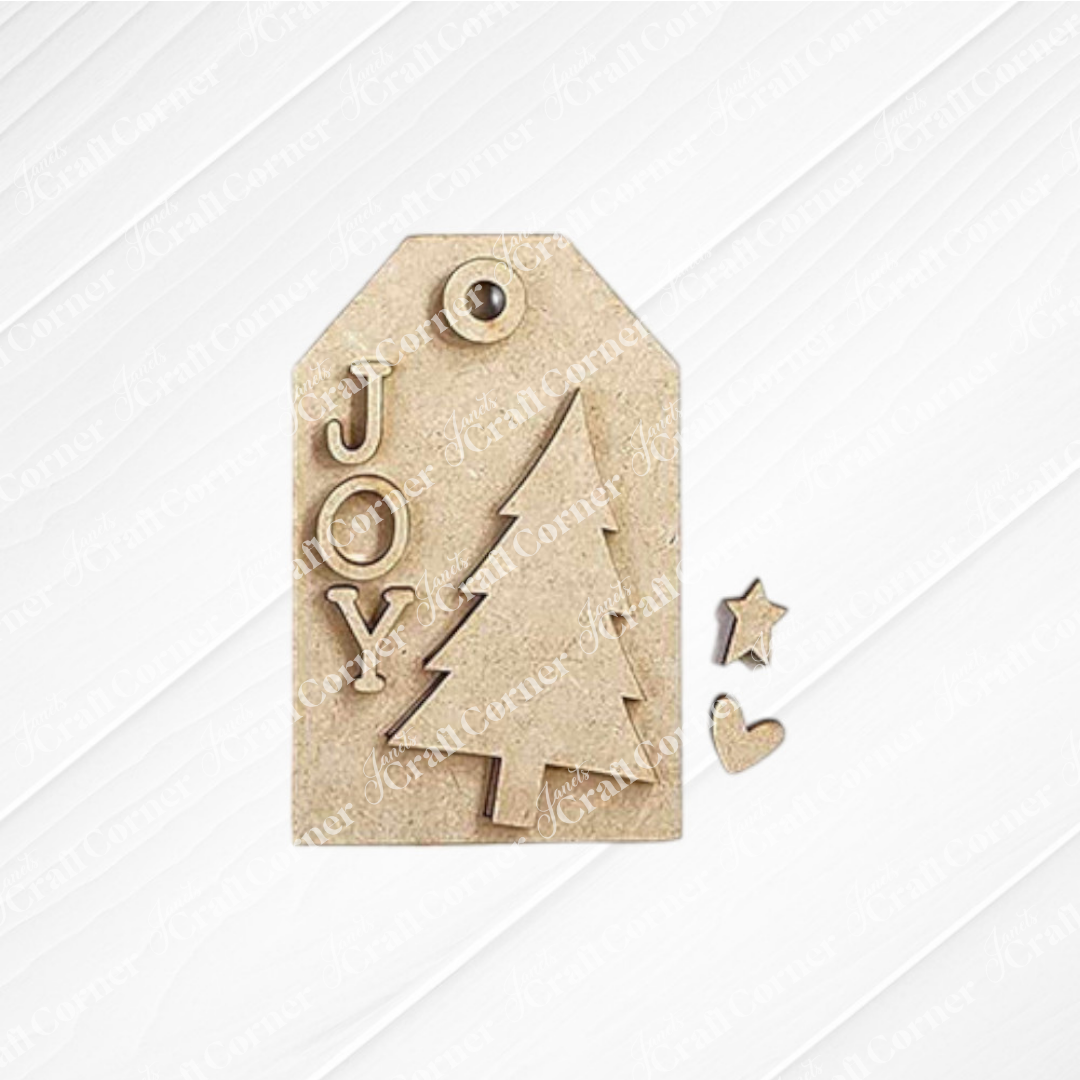 The Country Christmas Ornaments DIY craft kit by Janet's Craft Corner includes 6 kraft paper tags with "JOY," Christmas tree cutouts, and adorable star and heart embellishments—perfect for adding farmhouse charm to your holiday decor.