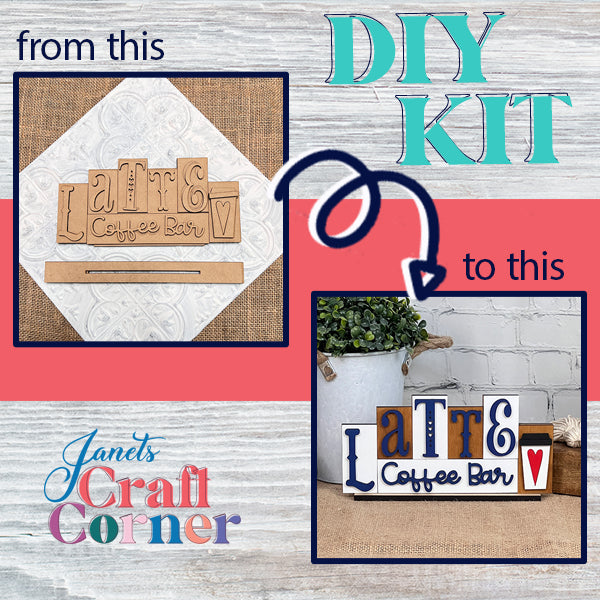 Discover the perfect DIY project for coffee enthusiasts with the "Latte Mini Word Block" from Janet's Craft Corner. The image beautifully showcases the transformation from simple wooden letters and a stick into an elegant home décor piece, complete with decorative plants. The scene exudes a rustic, cozy atmosphere.