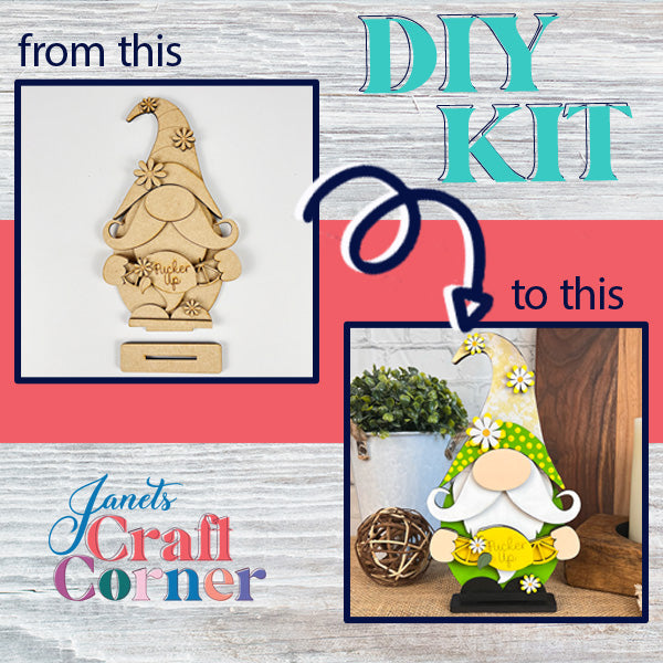 Introducing the Lemonade Gnome DIY kit by Janet's Craft Corner—an enchanting set that guides you in creating a charming gnome decoration. The visual showcases the transformation from a simple wooden gnome outline into a vibrant creation adorned with a green hat and yellow flower accents, ideal for farmhouse decor. The caption "from this to this" is accompanied by the Janet's Craft Corner logo.