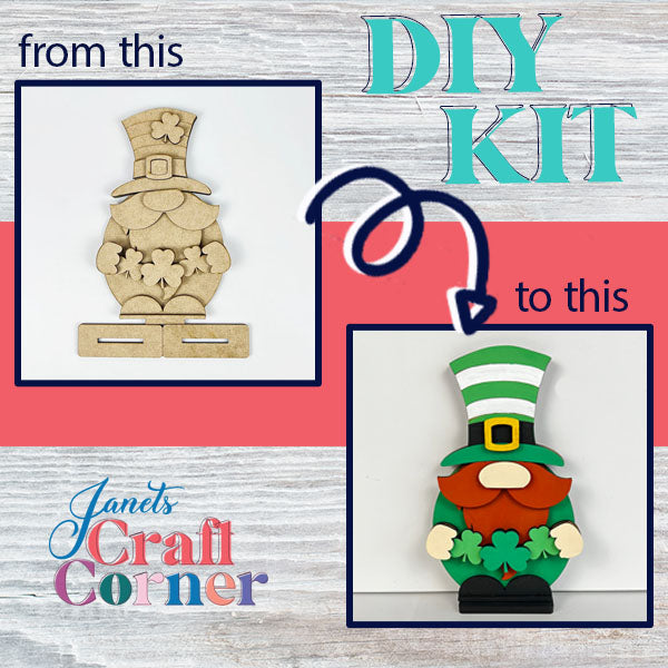 A two-panel image illustrates a Leprechan Gnome Shelf Sitter transformation from Janet's Craft Corner. Left panel: an unfinished wooden cutout from the DIY Kit. Right panel: a painted leprechaun with a green hat and shamrocks, ideal for home décor. Text displays "from this" and "to this.