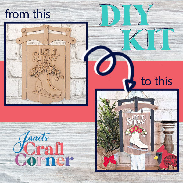 Experience the DIY transformation of a "Let It Snow" sled sign from Janet's Craft Corner. On the left, an unfinished kit eagerly awaits your creative touch, while on the right, behold the painted and decorated final product adorned with festive crafting accents—perfect for your holiday decor needs.