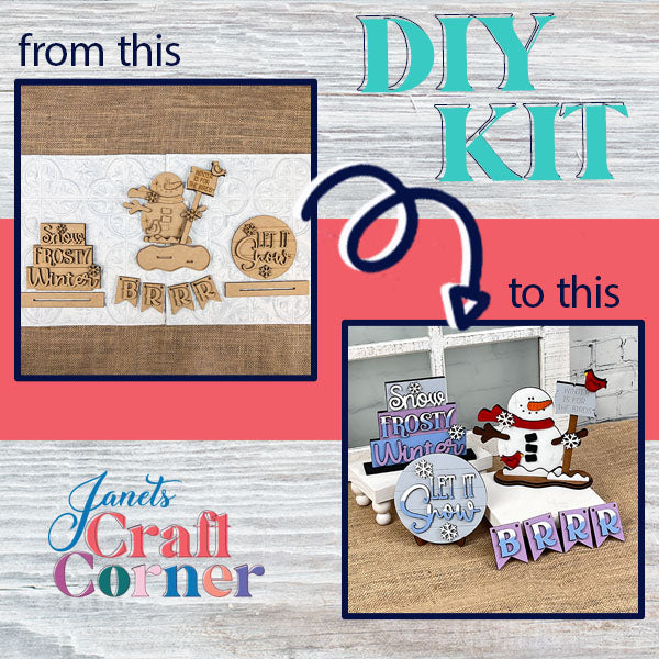 Transform your space with the "Let It Snow Tiered Tray" DIY Kit from Janet's Craft Corner! The first image features unassembled wooden pieces adorned with winter-themed designs, while the second reveals the beautifully crafted and painted decorations, including a charming snowman design and festive winter word art. Discover the perfect holiday décor today!