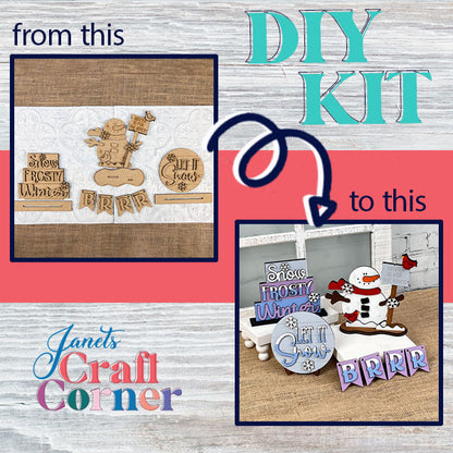 Transform your space with the "Let It Snow Tiered Tray" DIY Kit from Janet's Craft Corner! The first image features unassembled wooden pieces adorned with winter-themed designs, while the second reveals the beautifully crafted and painted decorations, including a charming snowman design and festive winter word art. Discover the perfect holiday décor today!