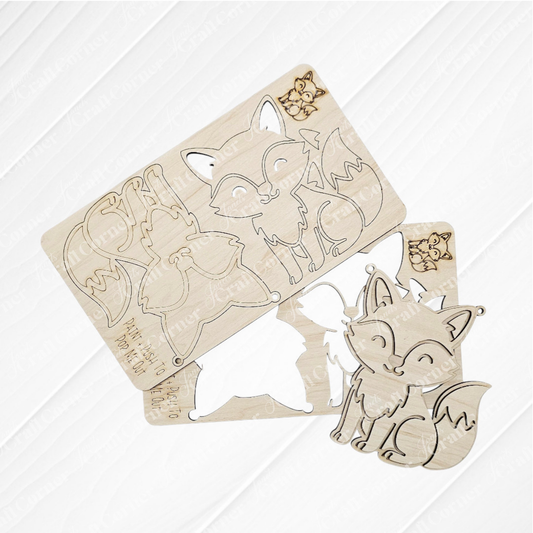 The Little Fox Kids Pop-Out by Janet's Craft Corner is a DIY wooden cutout kit featuring a cute fox, engraved board with laser-cut pieces, and two butterflies—perfect for holiday decor or a Trim a Tree Kids Pop-Out Kit activity.
