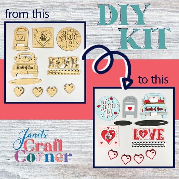 The Loads of Love Tiered Tray Set by Janet's Craft Corner is the ideal DIY craft kit for assembling an enchanting tiered tray display. With wooden cutouts shaped like hearts, "Feb 14," and "LOVE," you'll see these plain pieces evolve into vibrant home décor accents in red and white. Follow the arrows to guide your creation from start to finish.