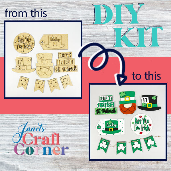 Introducing Janet's Craft Corner's Lucky St Patricks Tiered Tray Kit—a delightful transformation "from this to this." Begin with plain wooden cutouts and craft vibrant home décor, complete with a leprechaun hat, shamrocks, and festive signs, perfect for your St. Patrick's Day decorating needs.