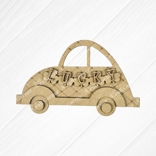 The "Lucky St. Patrick's Volkswagen Shelf Sitter" by Janet's Craft Corner is a wooden cutout with a lattice pattern, circular wheels, an arch-shaped roof, and "LUCKY" on the side. It adds charm to your St. Patrick's Day decor against a plain white background.