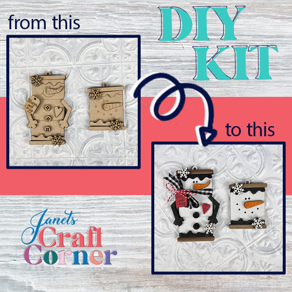 Transform plain wood into delightful Marshmallow Snowman Ornaments with this DIY kit. Featuring a jolly snowman and festive banner, images show their evolution with scarves, hats, and buttons. Includes "from this" to "to this" text and Janet's Craft Corner logo.