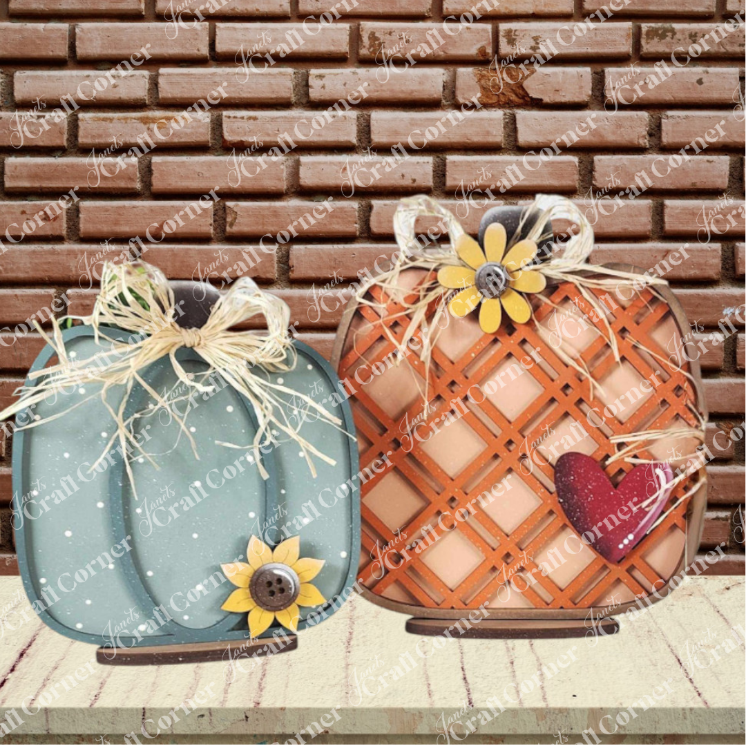 Janet's Craft Corner Fall Harvest Mini Shelf Sitters DIY kit includes one autumn-themed home decor piece, painted blue with raffia bows and sunflowers, perfect for seasonal display.