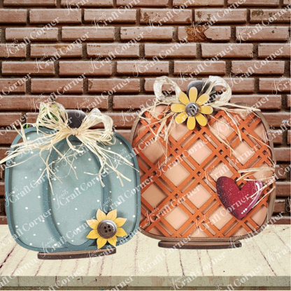 Janet's Craft Corner Fall Harvest Mini Shelf Sitters DIY kit includes one autumn-themed home decor piece, painted blue with raffia bows and sunflowers, perfect for seasonal display.