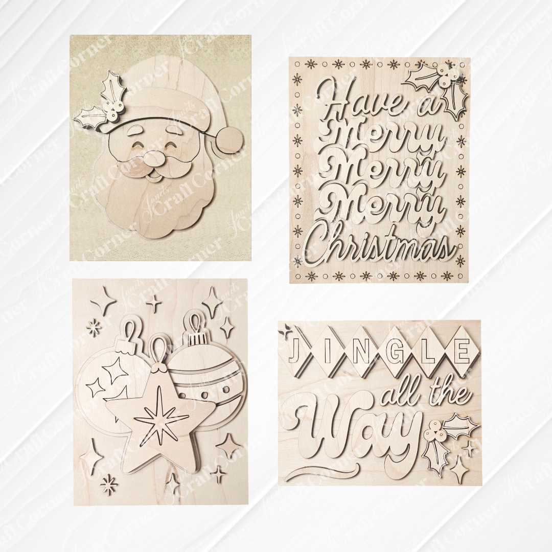 Janet's Craft Corner Merry Midcentury Modern Switchable Farmhouse Sign: DIY seasonal home decor kit (Set of 1) features engraved designs like Santa with holly, “Jingle all the Way,” ornaments with “2023,” and more—perfect for festive crafting.