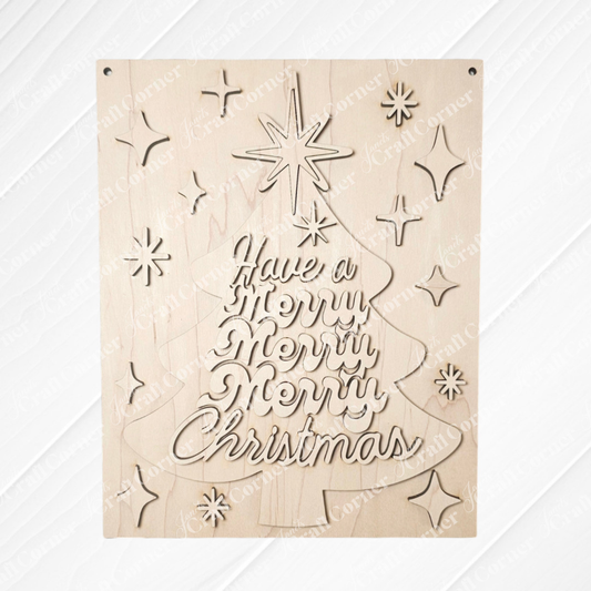 Janet's Craft Corner "Have a Merry Christmas Tree Wall Hanger" DIY craft kit includes a laser-cut wooden plaque with festive stars, perfect as seasonal decor or a unique holiday wall hanger. Set of 1.