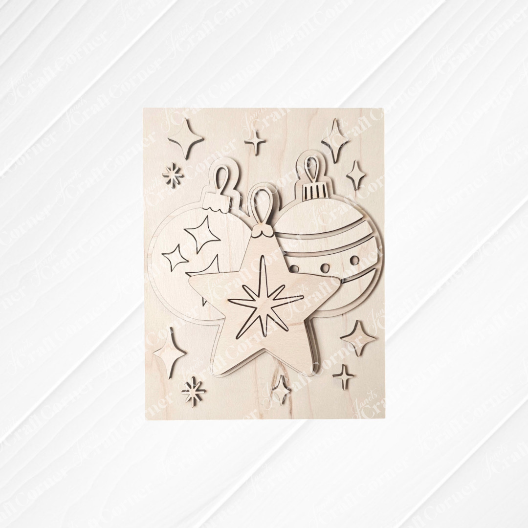 Janet's Craft Corner Merry Midcentury Modern Switchable Farmhouse Sign: A laser-cut ornament with a star and baubles on light wood—perfect as DIY seasonal home decor or for adding to your craft kit. Set of 1.
