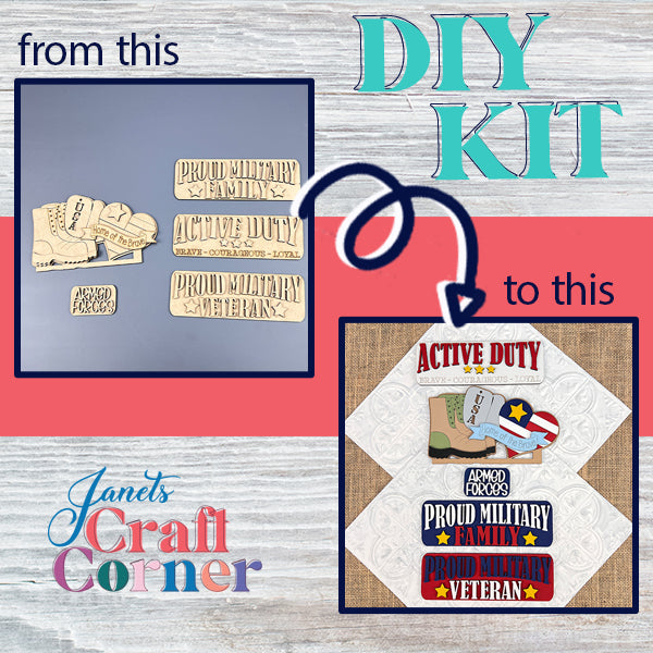 Transform your home decor with the Military Interchangeable Insert DIY kit from Janet's Craft Corner. This wooden set allows you to craft and display interchangeable pieces featuring "Active Duty," "Proud Military Family," and "Proud Military Veteran" text, complete with patriotic logos and decorative elements.