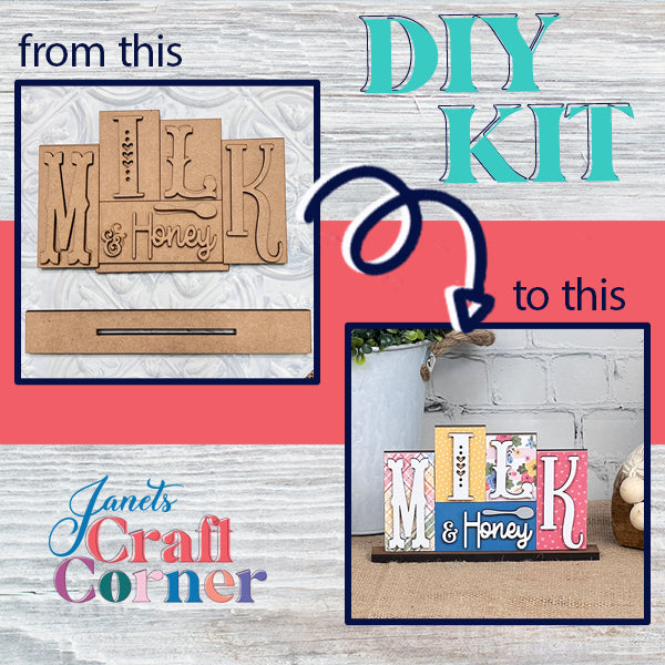 Turn plain wooden letters into a vibrant, eye-catching piece of home décor with the DIY craft kit, "Milk & Honey Mini Word Block" by Janet's Craft Corner. Add the text "from this to this" connected by an arrow between images, set against a background highlighting the Janet's Craft Corner logo.