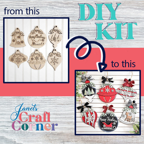 A DIY kit display illustrates a remarkable "from this" to "to this" transformation. On the left, there are unpainted wooden holiday ornaments, and on the right, mistletoe ornaments beautifully adorned with paint, ribbons, and embellishments are showcased. The text reads: "Janet's Craft Corner: Mistletoe Ornaments DIY Decor Kit - Set of 6.