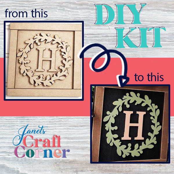 Unleash your creativity with our Monogram Wall Hanging DIY Kit. Transform an unfinished wooden "H" wreath into a captivating piece of art, complete with a green wreath and beige "H" set against a stylish black backdrop. Ideal for enhancing any home decor. From Janet's Craft Corner: "From this to this!