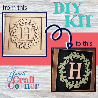 Unleash your creativity with our Monogram Wall Hanging DIY Kit. Transform an unfinished wooden "H" wreath into a captivating piece of art, complete with a green wreath and beige "H" set against a stylish black backdrop. Ideal for enhancing any home decor. From Janet's Craft Corner: "From this to this!