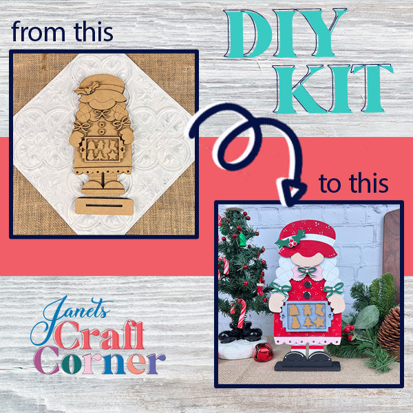 A DIY kit transformation image presents a wooden Mrs. Claus baking gnome cutout on the left and a painted version with baked treats on the right, ideal for your holiday display. Decorative text reads "from this" on the left and "to this" on the right. "Janet's Craft Corner" is elegantly placed in the bottom left corner.