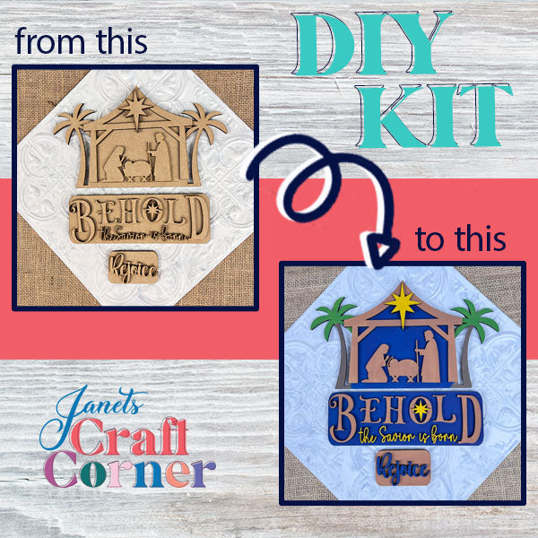 Unleash your creativity with Janet's Craft Corner's Nativity Interchangeable Insert DIY Home Decor Kit, which allows you to transform an unpainted wooden nativity scene into a colorful work of art. This kit includes elements like palm trees, a star, and the words "Behold" and "Rejoice," capturing the transition from "this" to "that." It's ideal for crafting unique, interchangeable decor for your home.