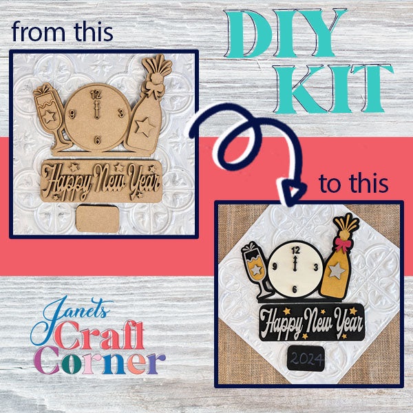 Create a vibrant hand-painted display for the New Year with our DIY home decor kit, the New Year Interchangeable Insert. This set from Janet's Craft Corner includes a clock, champagne bottle, and "Happy New Year" sign. It comes with detailed instructions for personalizing and coloring to fit your style.