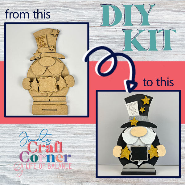 Introducing Janet's Craft Corner's Happy New Year Gnome Shelf Sitter DIY Kit, where you can transform an unpainted wood cutout of the festive gnome holding a shimmering star into a beautifully decorated piece accented in black and gold. The text reads "from this to this" with an arrow highlighting the transformation from plain to stylish home décor.