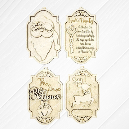 Janet's Craft Corner North Pole Ornaments DIY kit includes four wooden ornaments: Santa’s face, a poem and key, “This house Believes,” and a sleigh with reindeer—perfect for holiday crafting or seasonal decorating.