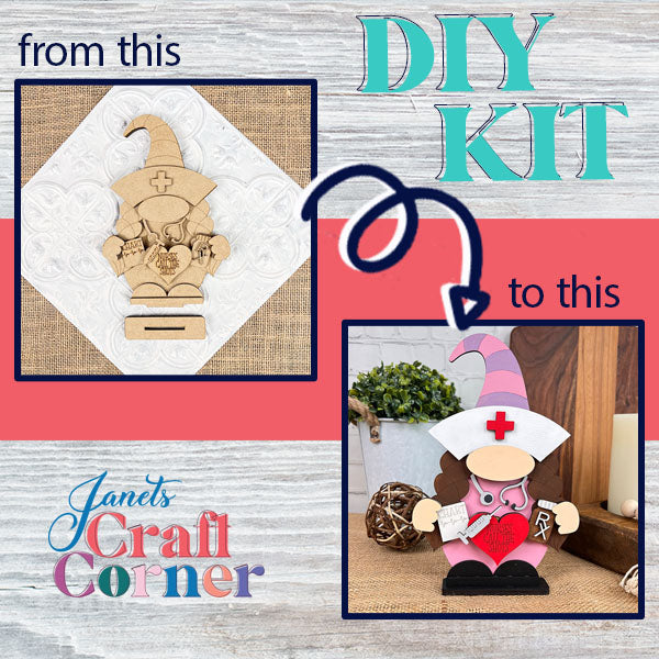 Introducing the Nurse Gnome by Janet's Craft Corner. This DIY craft kit includes raw wood pieces that transform into a delightful wooden figure, complete with a nurse cap, brown hair, and pink accents. Displayed in its natural and completed states, it's the perfect whimsical addition to embellish your farmhouse decor on an aged wood backdrop.