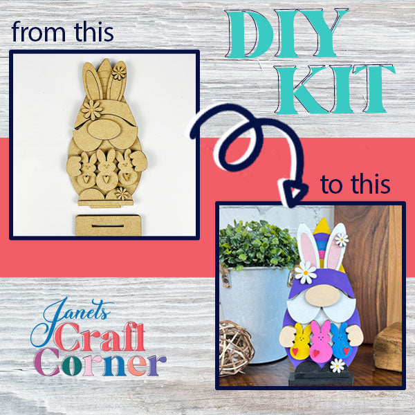 Janet's Craft Corner's Easter Peep Gnome craft kit features a stunning transformation: the left side shows the unfinished wooden cutout, while the right reveals the vibrant, painted, and assembled gnome standing beside a small plant. Text: "From this... to this." Perfect for adding charm to your Easter decorations!