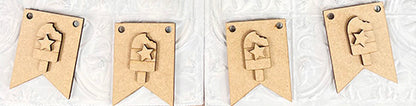 Five wooden pieces in the shape of banners, featuring ice cream and star cutouts, are arranged in a row on a gently patterned surface. Each piece is equipped with two holes at the top, making them perfect for use in a DIY Kit. This set is an ideal addition to your farmhouse-style decor or Janet's Craft Corner's Patriotic - Tiered Tray Kit.