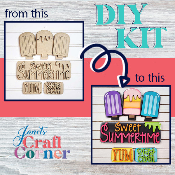 Explore the Popsicle Interchangeable Insert, a DIY home decor kit from Janet's Craft Corner, perfect for crafting vibrant popsicle decorations that brighten up your space. The kit includes wooden cutouts with phrases such as "Sweet Summertime" and "Stay Cool," showcasing stunning transformations in before-and-after photos.