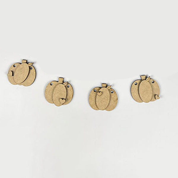 A string of four cardboard pumpkin cutouts from Janet's Craft Corner's "Give Thanks/Thanksgiving Tiered Tray Kit" decorates a plain white background. Each pumpkin showcases a simple layered design with small holes for threading, making it an ideal addition to any space or DIY project.