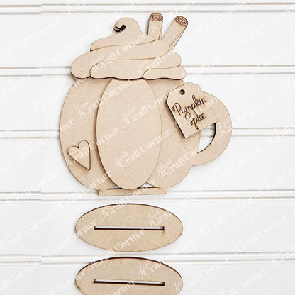 Janet's Craft Corner Fall Harvest Mini Shelf Sitters DIY kit: Unpainted wood mug cutout with whipped cream, cinnamon sticks, a heart, plus "Pumpkin Spice" tag—autumn decor for your home. Set includes 3 ovals. Choose from 9 designs.
