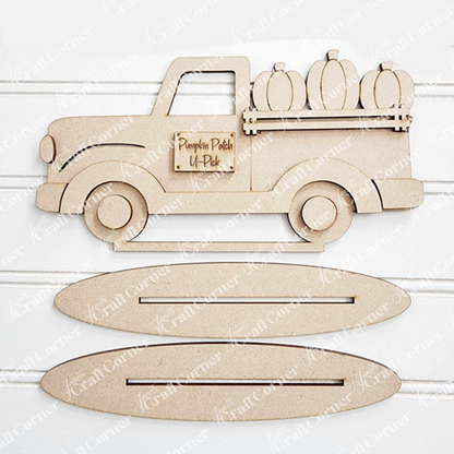 Janet's Craft Corner Fall Harvest Mini Shelf Sitters is a DIY home decor kit featuring an unpainted wooden truck with “Pumpkin Patch U-Pick," plus two stand bases. Perfect for autumn crafts or seasonal shelf displays. Set of 1, choose from 9 designs.