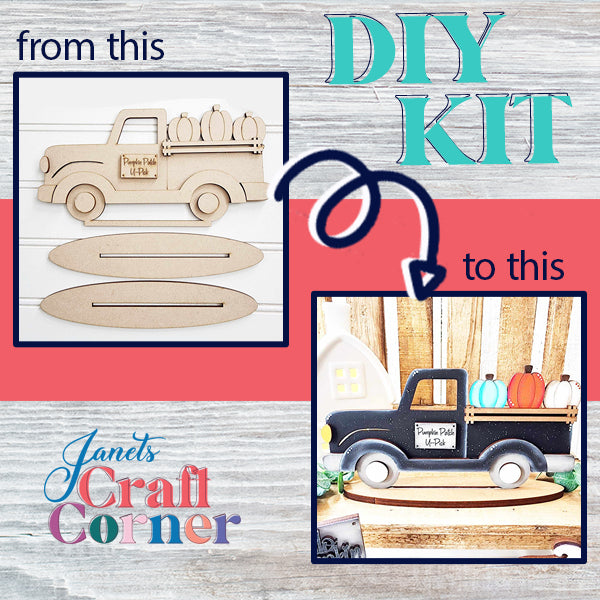 The image of a DIY home decor kit by Janet's Craft Corner illustrates the transformation of raw wooden cutouts into a painted "Hello Pumpkin" truck display. Text states "from this" with cutouts to "to this" featuring the finished Pumpkin Latte Mini Shelf Sitter.