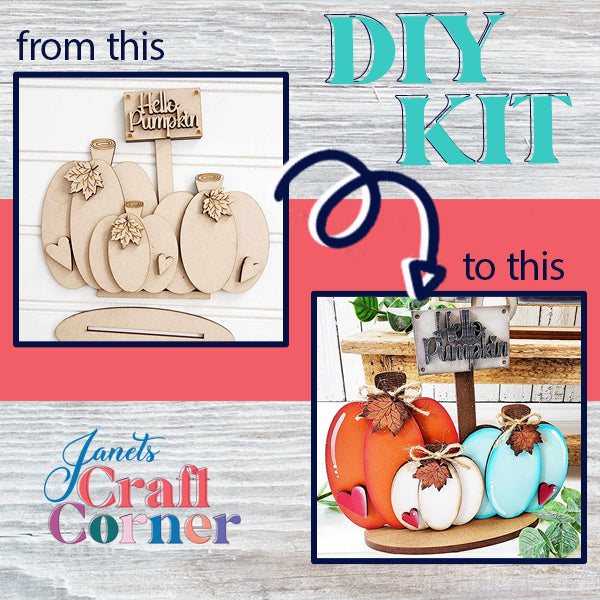 Transform unpainted wooden pumpkins into vibrant seasonal displays with the Pumpkin Latte Mini Shelf Sitter by Janet's Craft Corner. This DIY kit includes a "Hello Pumpkin" sign and paint in orange, turquoise, and white, accented with decorative leaves—perfect for DIY home decor lovers.