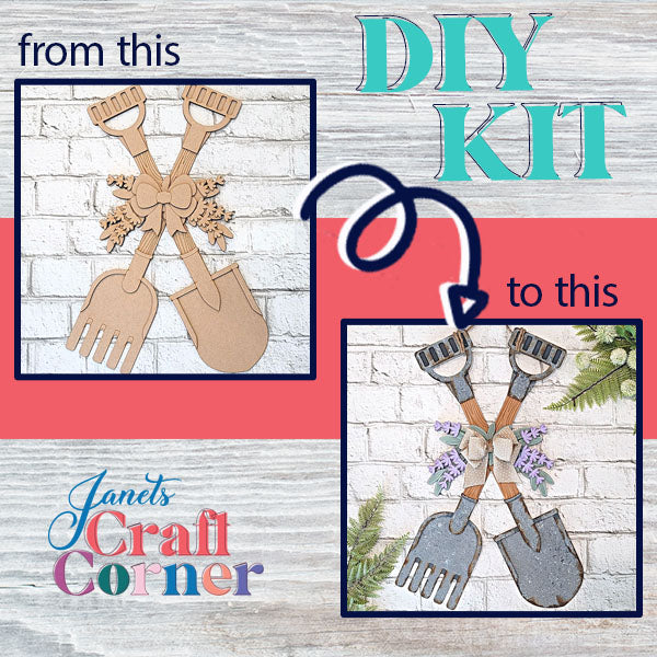 Explore the DIY kit transformation of the "Shovel and Rake Door Hanger," featuring a cardboard cutout of crossed garden tools, elegantly adorned with a bow and leaves. This wood decor piece is showcased before and after painting, set against the charming backdrop of Janet's Craft Corner, complete with decorative elements.