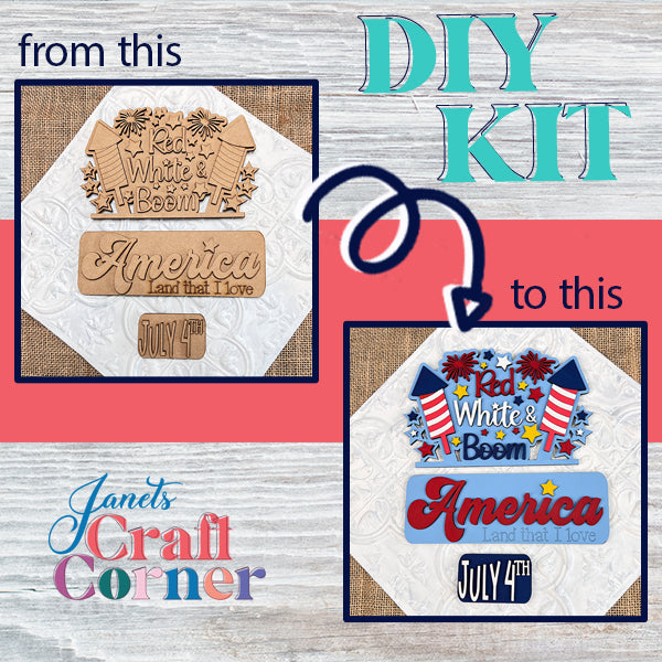 Transform your space with the Red White & Boom Interchangeable Insert from Janet's Craft Corner. This DIY home decor kit allows you to turn plain wooden cutouts into colorful Patriotic Decor, perfect for July 4th celebrations, featuring slogans like "Red, White & Boom" and "America and that I love." Enjoy interchangeable decor at its finest!