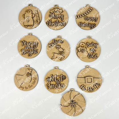 Janet's Craft Corner offers a Round Christmas Ornaments DIY kit featuring 10 engraved designs, including "Merry Christmas," "Happy Holidays," and festive images like reindeer, snowman, and candy cane. Perfect for holiday decorations. Set of 1 included.