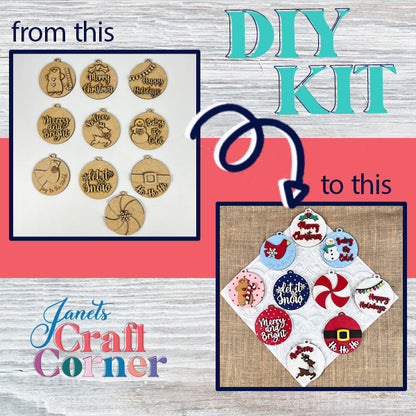 An advertisement for "Round Christmas Ornaments | DIY Decoration Kits" by Janet's Craft Corner features wooden circle templates with holiday designs on the left. It transitions to festive, decorated coasters and Christmas ornaments on the right, with "DIY KIT" at the top and "Janet's Craft Corner" at the bottom.